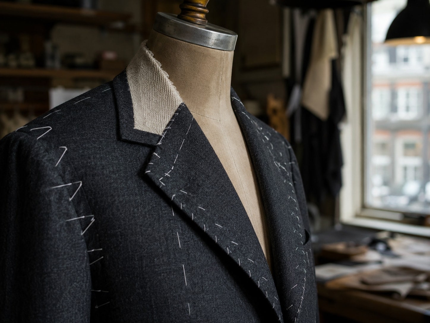 Charcoal wool jacket lapel being hand-finished