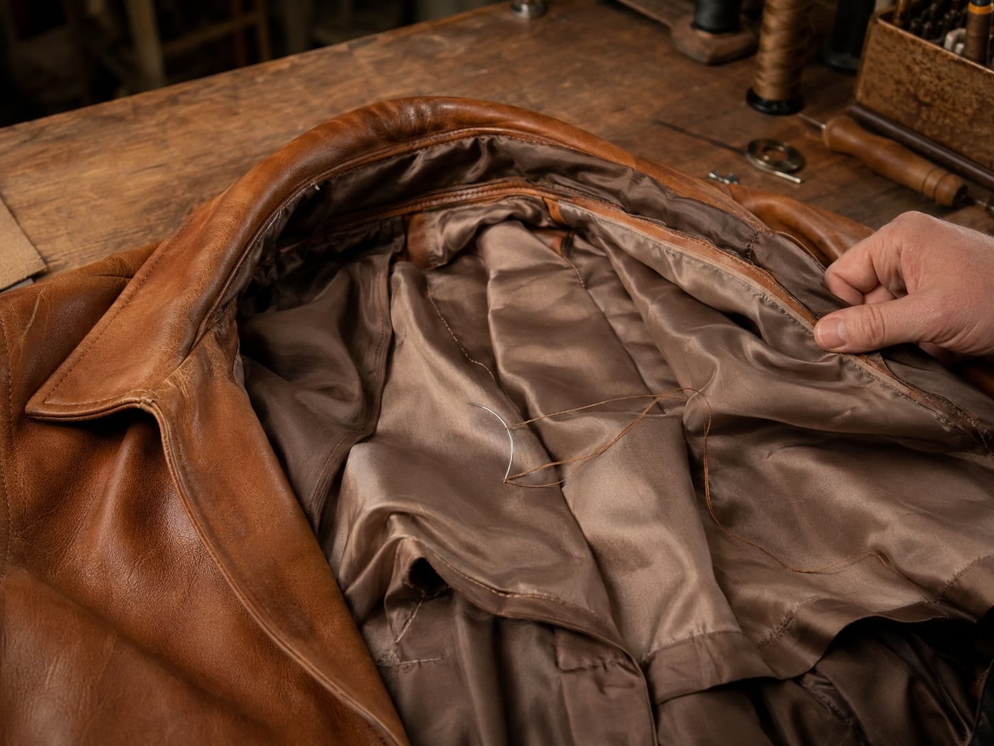 Caramel leather jacket lining repair